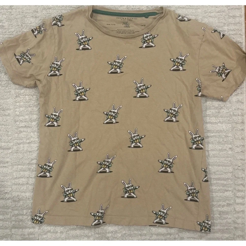 Denim & Flower Ricky Singh‎ Tan Dabbing Easter Bunny Tee Shirt Top Boys Sz 11-12